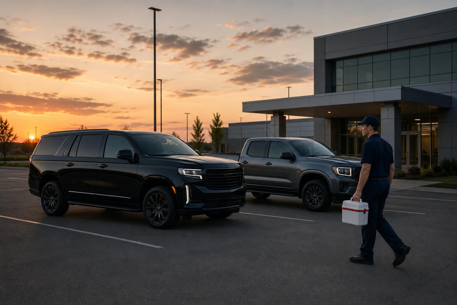Atlanta medical courier loading a secure specimen cooler into a cargo van at dusk